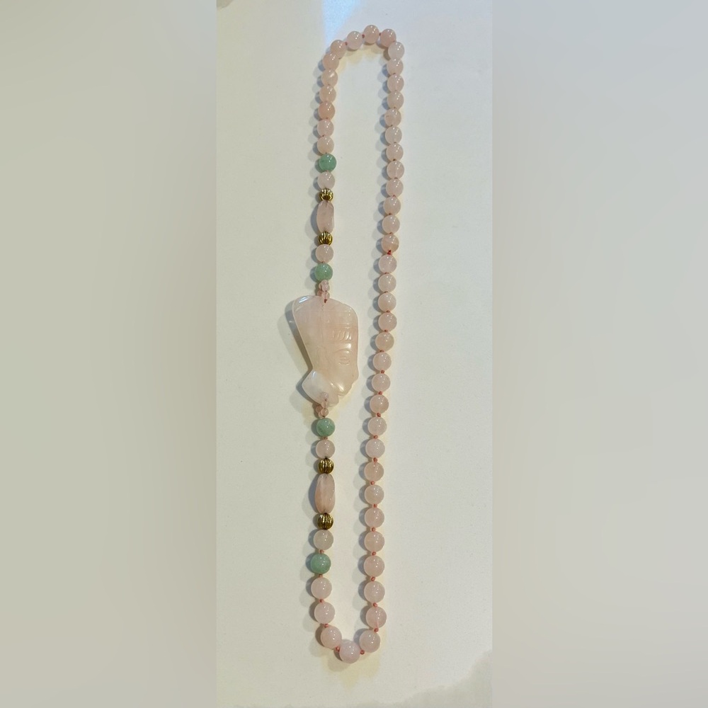 Rose Quartz & Jade Beaded Multi Strand Pendant Necklace Semi Precious Stone